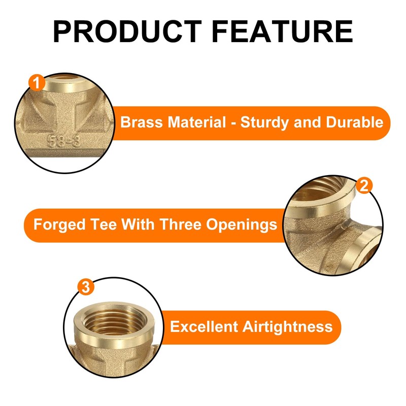 sourcing map 2pcs Brass Tee Pipe Fitting, G1/2" Female 3