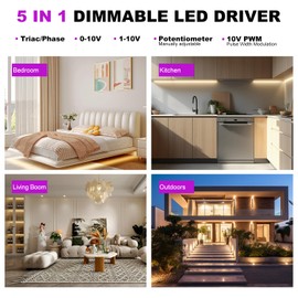 60W Dimmable LED Driver, 5 in 1 TRIAC/ELV/MLV/0-10V/1-10V/10V PWM/Potentiometer LED Driver 24V, AC to DC Transformer, IP67 Waterproof, UL Listed, Class 2