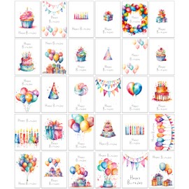 30 Bright Watercolour Birthday Cards with Envelopes made from Recycled Paper 30 Different Designs (30 Watercolour Birthday Cards)