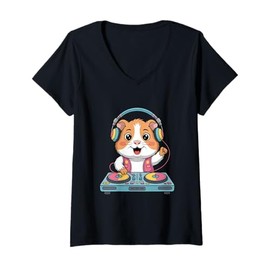Womens Dj Hamster On Decks Spinning Fun Beats V-Neck T-Shirt