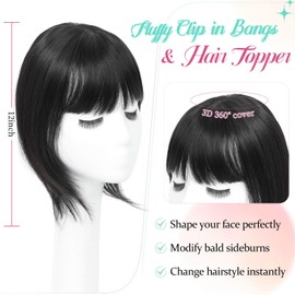 Peonymebeauty 3D Cover Bangs Hair Toppers for Thinning Hair, 4"X5" Base Topper with Fringe Heat Resistant Synthetic 12 Inch Natural Straight Short Bob Hairpieces for Women Daily Wear(Natural Black)