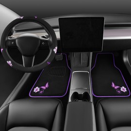 CAR PASS Butterfly Steering Wheel Cover and Waterproof Car Floor Mats,Purple Car Mats 14.5-15inch Steering Wheel Covers Universal Fit for Suvs,Sedans Cars,for Women Girl(Black and Purple)