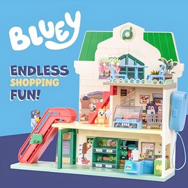 Bluey Bluey and Bingo Supermarket Playset with Escalator, Pretend Play Toys for Toddlers, Sounds and 15 Pieces, Grocery Store Playset