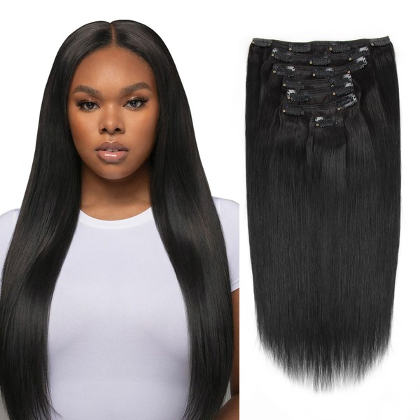 Sassina Straight Clip In Human Hair Extensions With Natural Black Hair Color Silky Straight Double Wefts 7 Pieces 120 Grams Remy Real Hair With 17 Clips SS 10 Inch