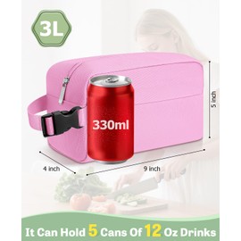 Neverwhy Small Insulated Snack Bag Lunch Bag for Kids Lunch Box for Women/Men, Collapsible [3L/5-Can] Reusable Lunch Bag Cooler Bag for Bottle with Handle Buckle for Work/School/Travel,Pink