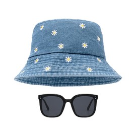AIRTILY 1 Daisy Fisherman'S Hut Und 1 Sonnenbrille, Frauensonnenhut, Niedliche Gestickte Fischerhut, Outfit -Accessoires.