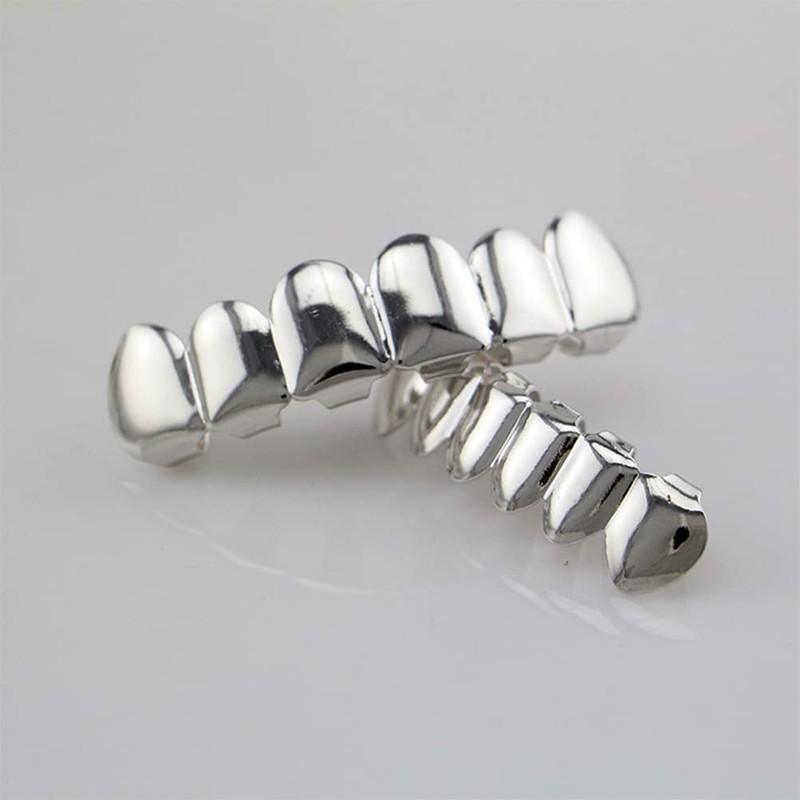 Silver-Tone Hip Hop Removeable Mouth Grillz Set (Top & Bottom)