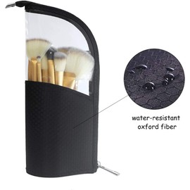 Black Travel Makeup Brush Holder, Pencil Pen Case Organizer Bag Clear Plastic Cosmetic Zipper Pouch Portable Waterproof Dust-Free Stand-Up Small Toiletry Stationery Bag with Divider (Black, One Size)