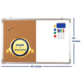 Combination Whiteboard Bulletin Board Set - Dry Erase/Cork Board 30x20 in with 1 Magnetic Dry Eraser, 4 Markers, 4 Magnets and 10 Thumb Tacks - Combo Tack Board White Board for Home Office Desk