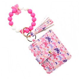Vynoraxis Butterfly Keychain Wristlet Wallets for Women Silicone Beaded Credit Card Holder Tassel Key Ring Bracelet Boho Beaded Wallet (Dark Pink)