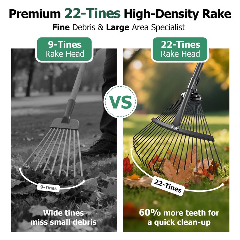 Extra Wide 22-Tines Adjustable Leaf Rake & Leaf Scoops Set,
