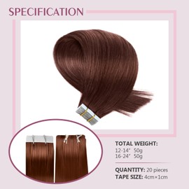 Fimislosion Tape in Hair Extensions Human Hair, 20 Inch Dark Auburn Real Human in, Invisible Tape ins Hair Extensions for Women, Seamless in 20Pcs 50Gram