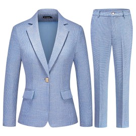 TRONSTORE Women's Suit 2 Piece Set Business Pants Suit for Women Pinstripe Houndstooth Blazer Blue L