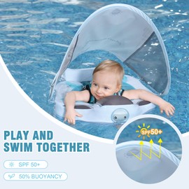 Mambobaby Baby Pool Float with Removable Sun Canopy - Non Inflatable Infant Swim Float with Anti-Flip Tail Design, Waterproof & Skin-Friendly Baby Float for Swimming (3-24 Months) (Sea Turtles)