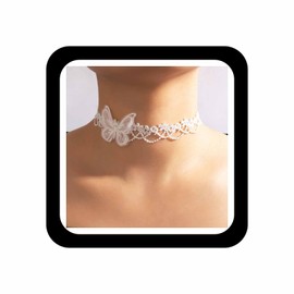 Zeshimb White Lace Butterfly Choker Necklace Elastic Lace Necklace Jewelry for Women