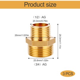 Pack of 3 Double Nipples Reduced Brass, Brass Reducing Nipple 1/2 to 3/4 Inch, Double Nipple with Hexagon, Male Thread on Both Sides, for Water Pipe Reducers