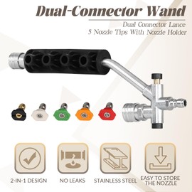 Dual-Connector Power Washer Wand, Foam Cannon Dual Connector Power Washer Double Tip Accessory, 5 Color Nozzle Tips with Nozzle Holder, 4000 PSI