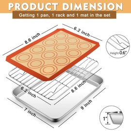 P&P CHEF 9 Inch Baking Oven Sheet Pan with Rack & Mat for Cookie, Stainless Steel Oven Sheet Tray Cooling Rack and Silicone Mat for Baking & Roasting, Dishwasher Safe & Healthy, 3Pcs