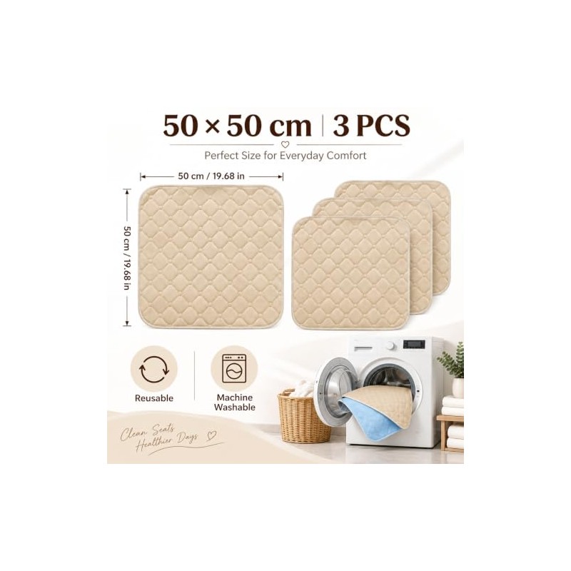 3 Washable Incontinence Chair Pads, 50x50cm Waterproof Seat Protectors