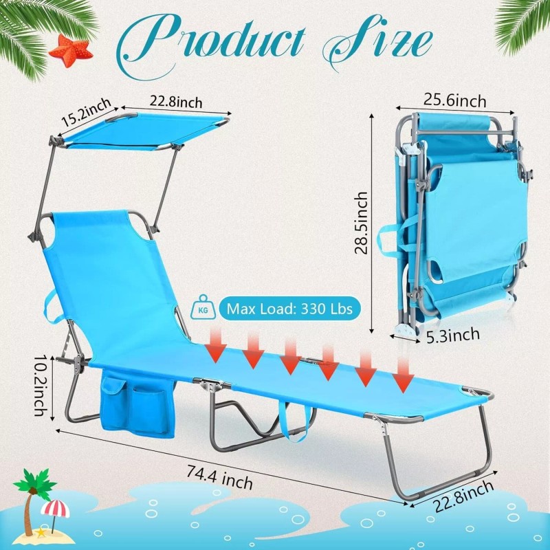 wenqik 2 Pcs Foldable Beach Lounge Chair with 360° Canopy