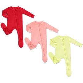 HAPIU Rayon from Bamboo Baby Footed Pajamas, 2 Way Zipper YKK, Footie for Baby Boy Girls, Newborn-24 Months, 3-Pack, Molten Lava&Strawberry Ice&Lemon Grass, 12-18 Months