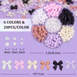 BELLEBOOST 120 Pcs 3D Nail Bow Charms + 2-4mm Nail Pearls Set 1, 6 Colors Cute Bow Charms and White Flatback Pearls with Nail Charm Glue Gel(UV Needed) and Pickup Tools for Nail Art Decoration