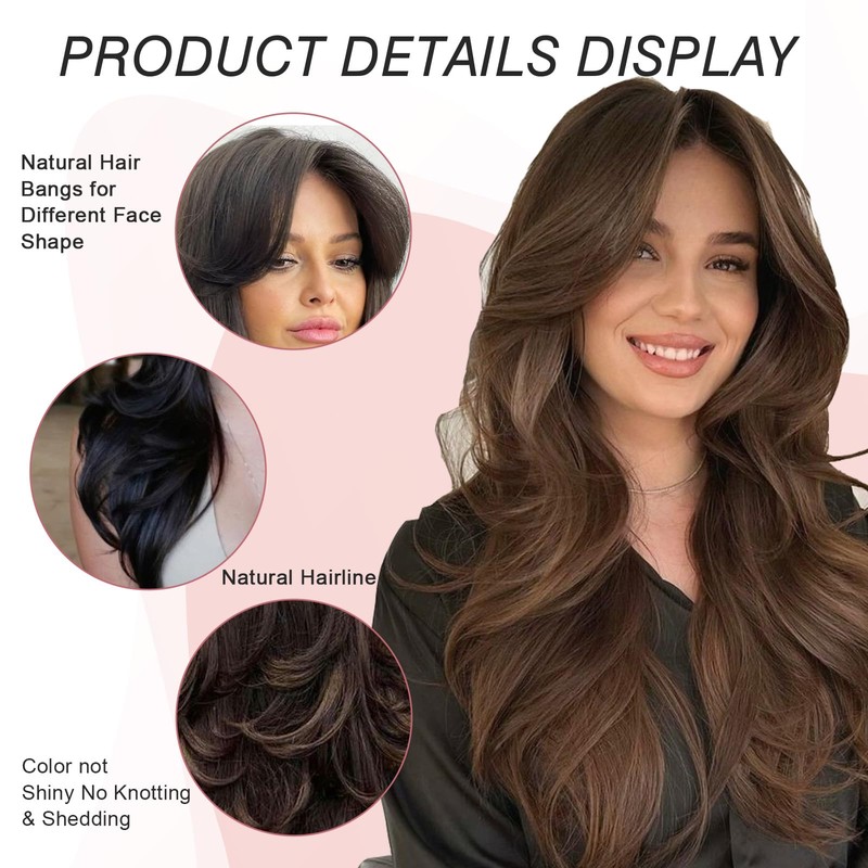 Jolelyne Long Dark Brown Wavy Layered Wigs with Curtain Bangs