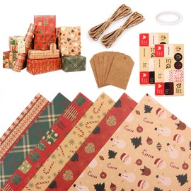 Christmas Wrapping Paper Set, 6 Rolls of Kraft Recycled Christmas Paper Gift Packaging, 1 x Double-Sided Ribbon, 10 m Kraft Paper Rope, 2 for Christmas Stickers + 6 for Christmas Blessing Cards