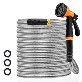 Besiter Garden Hose 100FT Stainless Steel Water Hose with 10 Functions Adjustable Spray Nozzle, Heavy-Duty Metal Garden Hose Flexible Durable No-Tangle & Kink Leak Dog Proof Hose for Yard Lawn(Orange)