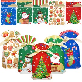 50pcs Christmas Drawstring Gift Bags,Reusable Foil Xmas Tie Bag for Presents,Bulk Xmas Pull String Foil Bags,Small Christmas Wrapping Bags,5 Design Xmas Bags for Xmas Party,Presents,Holiday(6x9in)