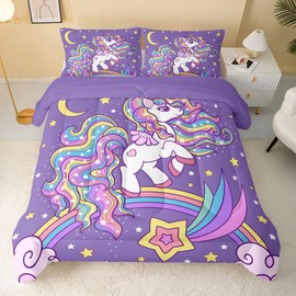 QOOMO Unicorn Comforter Queen Size,Rainbow Unicorn Comforter Set for Kids Teens Girls,3Pcs Bedding Set Printed Comforter with 2 Pillowcases,Down Alternative,Soft and Lightweight，Queen Size