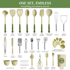 Kikcoin 43Pcs Kitchen Utensils Set - Silicone Cooking Utensils Set, Dishwasher Safe Spatula Set for Non-stick Cookware, 446°F Heat Resistant Kitchen Utensils Set with Holder BPA Free, Avocado Green