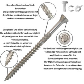TCO Patio Screws Stainless Steel A2 5 x 60 mm Pack of 100 - Wood Screws with Cut Tip, Cutting Notch & T25 Bit - Universal Screws for Decking, Garden Sheds and Outdoor Use (Decking)