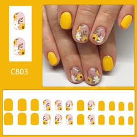 Summer Sunflower Press on Nails Short Square Flower Fake Nails Yellow White Floral Glue on Nails Glossy Acrylic Stick on Nails for Women DIY Manicure