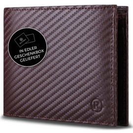 RUTAKO Men's Leather Wallet with RFID Protection, Large Wallet with Coin Compartment, 12 Compartments, Genuine Leather Wallet for Men, Wallet, Carbon brown, Landscape
