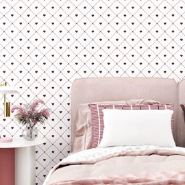 Wallderful Vintage Red Geometric Wallpaper Heart Square Contact Paper for Bedroom Self Adhesive Peel and Stick Wallpaper Boho Victorian Sticker Cute Wall Paper for Girls Room Backsplash Cabinet Liner