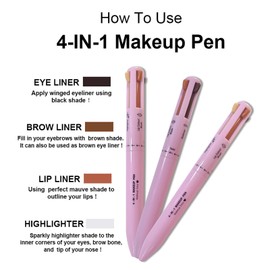 RoseFlower 4-in-1 Makeup Pen - 2Pcs, Eyebrow Pencil & Eyeliner & Lip Liner & Highlighter, Waterproof Multi Use Makeup Pen, 4 Color Portable Makeup Beauty Pen For Daily Makeup & Party & Festival(#2)
