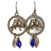 Bronze Bird, Golden Leaf and Cobalt Blue Teardrop Earrings Spring