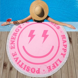 Tudomro Pink Preppy Beach Towel 60 Inch Smile Round Beach Towel Preppy Rug Absorbent Face Blanket Quick Dry Happy Picnic Rug with Tassels for Bathroom Pool Surfing Outdoor Meditation