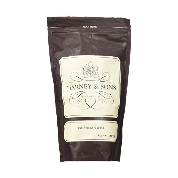 Harney & Sons English Breakfast Tea - 100% China Black Tea, Caffeinated, - Bag of 50 Sachets