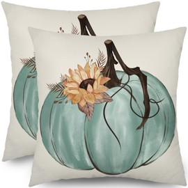 Fall Pillow Covers 18x18 Set of 2 Aqua Blue Pumpkin Sunflower Thanksgiving Harvest Print Outdoor Decorative Throw Pillows Farmhouse Pillowcases Autumn Cushion Case Decor for Home Sofa Couch Bed