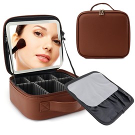 SLUMAZI Travel Makeup Bag with LED Mirror Travel Makeup Organizer with 3 Lighted Settings, Adjustable Dividers and Makeup Brush Storage Bag Dark Brown