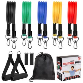 Albert Austin Set of 5 Exercise Bands Resistance Bands Set with Carabiner Clips Attachment 2 Ankle Straps 2 Foam Handles and Carry Bag Durable Flexible Natural Latex Bands for Men Women Fitness
