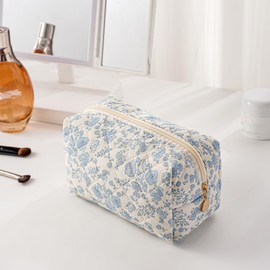 JOVAKIT 2Pcs Makeup Bag Quilted Cosmetic Bag for Women Girls, Floral Coquette Cotton Toiletry Zipper Make Up Pouch, Travel Storage Organizer Pouch (Blue Floral)