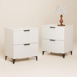 Royal Windsor Fluted Nightstand Set of 2 with 2 Drawers, Side End Table, Small Accent Storage Cabinet,Modern Night Stand Bedside Table for Bedroom,White