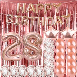 Sweet 28th Birthday Decorations Party Supplies,Rose Gold Number 28 Balloons,28th Mylar Balloons Rose Gold Foil Fringe Curtains Photo Backdrop Great 28th Birthday Gifts for Girls,Women,Men,Photo Props
