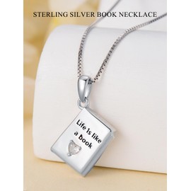 POTOPYY Book Necklace for Women 925 Sterling Silver Reading Necklace Pendant Book Lovers Gifts Jewelry Christmas Gifts for Women Student Daughter Librarian Readers Teacher