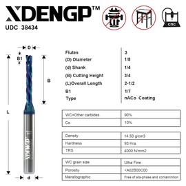 XDENGP Broca de compresión en espiral de 3 flautas para CNC, diámetro de corte de 1/8 pulgadas, longitud de corte de 3/4 pulgadas, vástago de 1/4 pulgadas con fresado de carburo recubierto NACO para tallado de madera, grabado y ranurado
