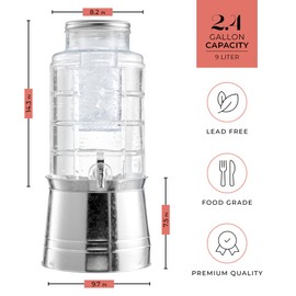 Style Setter Patchwork Beverage Dispenser Cold Drink Dispenser w/ 2.4-Gallon Capacity Glass Jug, Ice Insert, Fruit Infuser, Galvanized Base, Leak Proof Spigot Great for Parties Weddings