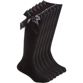 COSHAL® 3 Pairs Girls Knee High School Cotton Socks with Fluffy Ribbons Bow Back to School Socks Uniform Party Comfort Fit Socks Stocking Girls Knee High Kids School Socks Size (4-6) Black